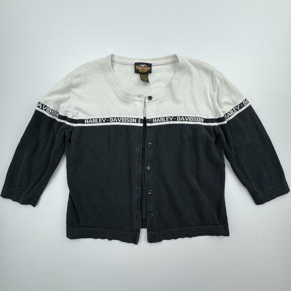 Harley Davidson Womens Cardigan Sweater L Y2K Logo Button Black White Biker